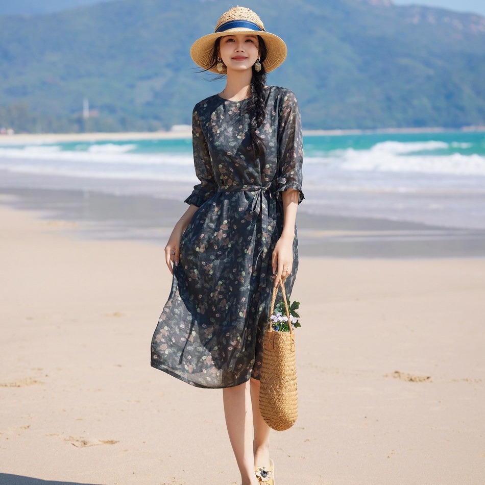 2024 トラベル レディース ラミー プリント コットン 裏地 ロング レースアップ ドレス 七分袖 フリル スリーブ ロング ドレス