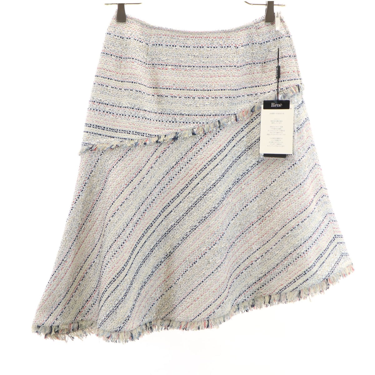 未使用 Rene ルネ 日本製 ミディ丈 TISSUE社 ツイード アシメ フレアスカート 36 ホワイト レディース 古着