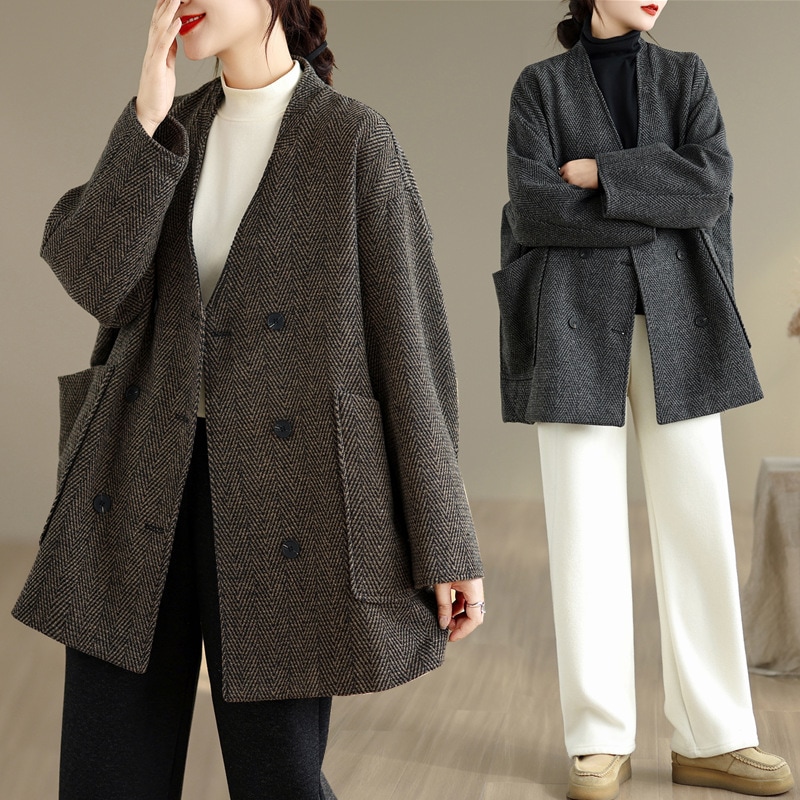 秋冬文芸韓国vストライプシンプルでファッション的でゆるい毛ですね