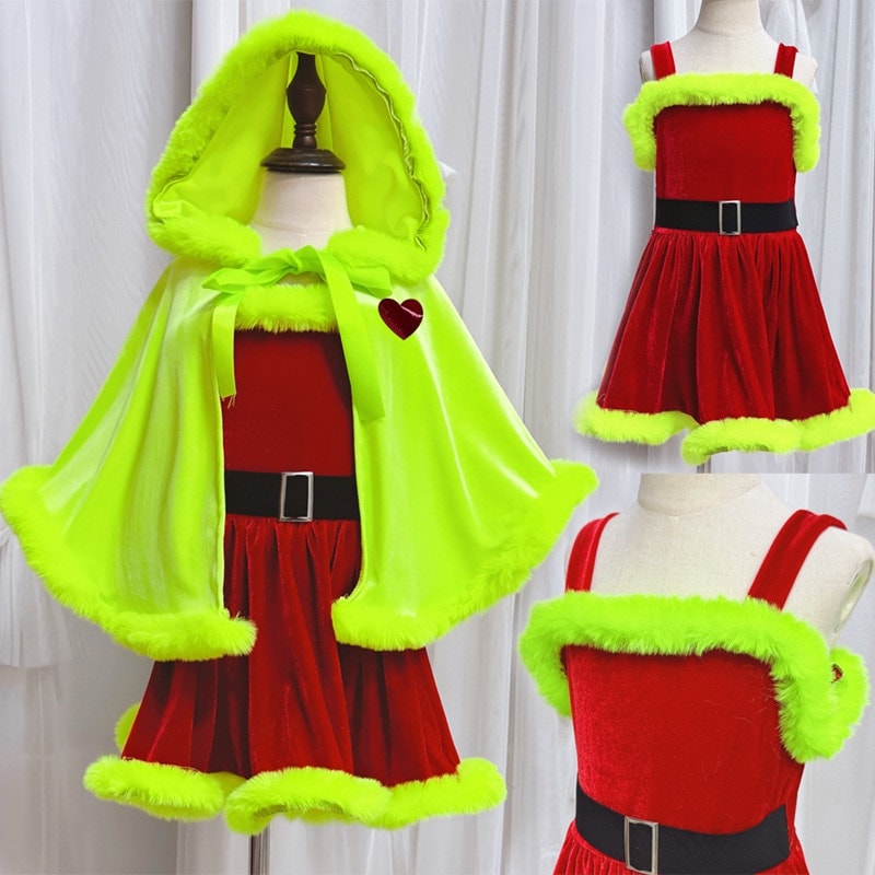 クリスマス子供用コスチューム グリンチ グリーンモンスター コスプレ グリンチケープドレス サンタクロース パフォーマンス