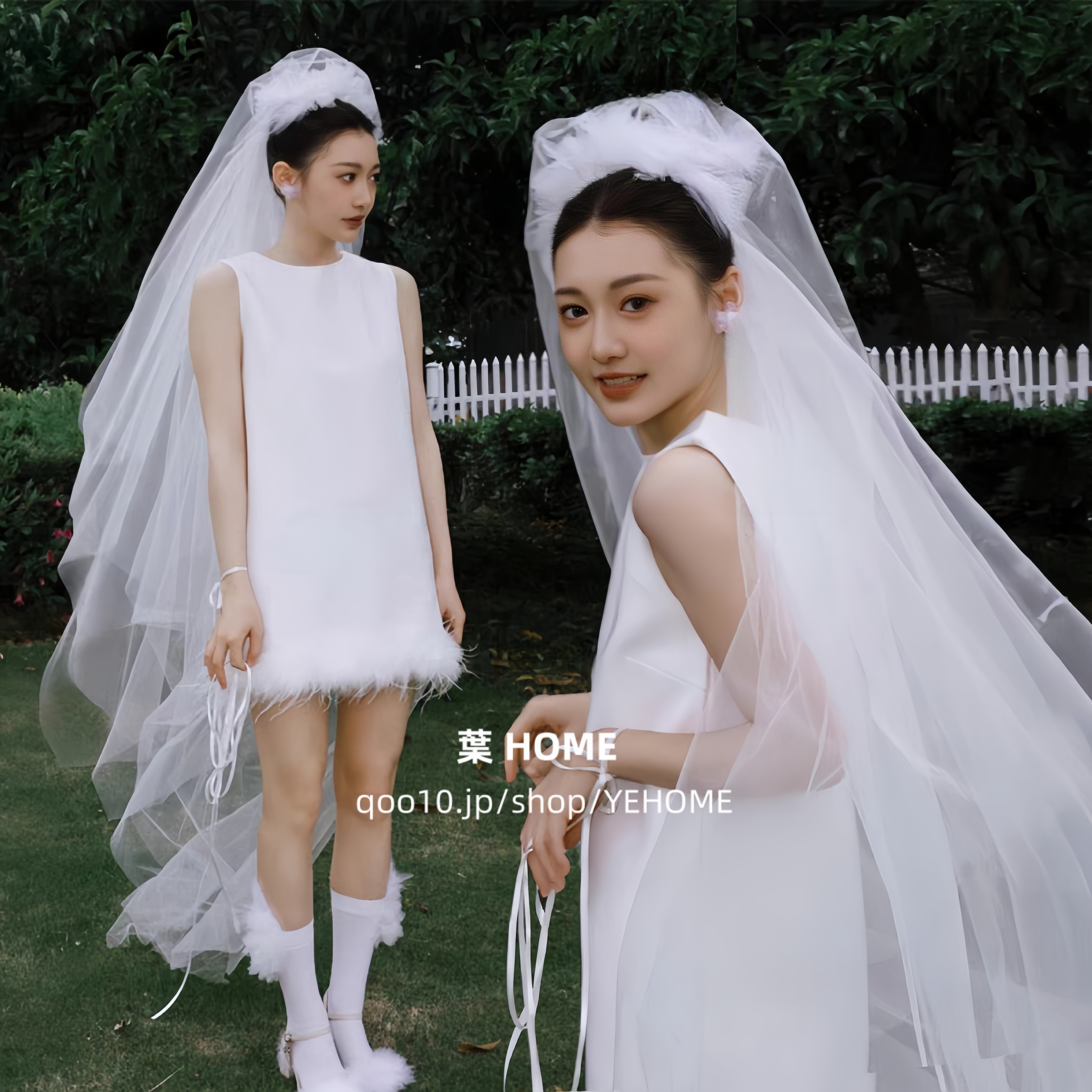 二次会 花嫁 白 ワンピース ウエディングドレス 結婚式 ドレス お呼ばれ シンプル 羽飾り ミニ丈 ノースリーブの丸首ドレス