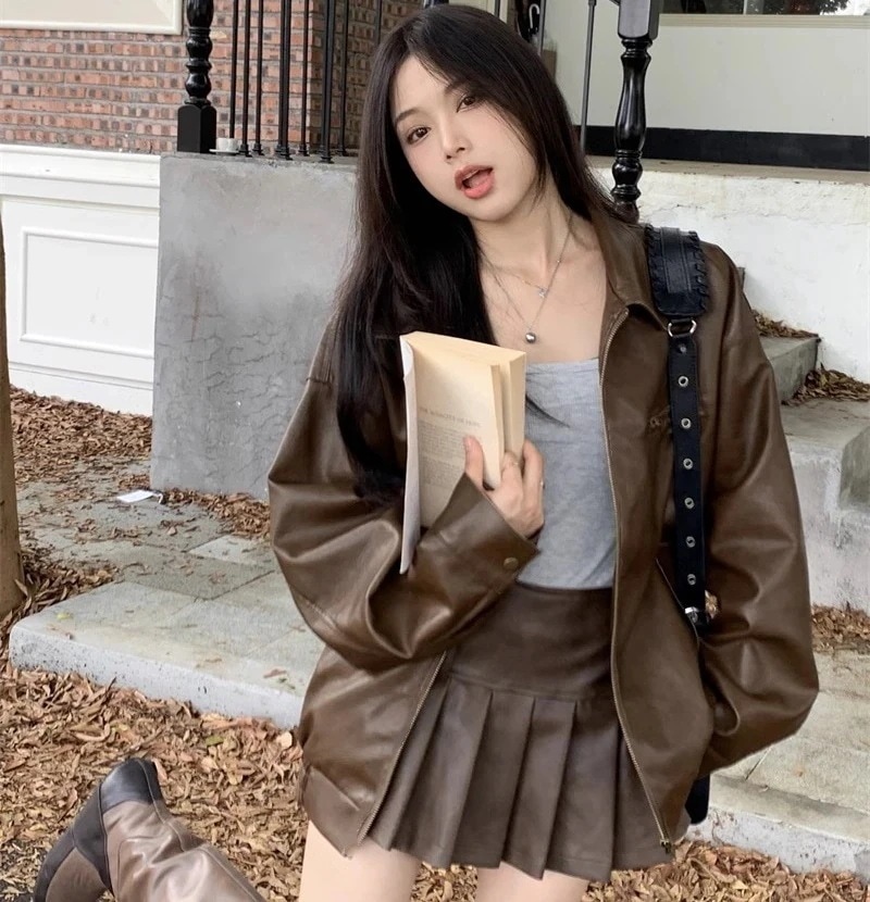 2カラー 上下セット レザージャケット ライダースジャケット PU 長袖 トップス アウター + ミニスカート レザースカート プリーツスカート 2点セット レディース 春 秋 カジュアル