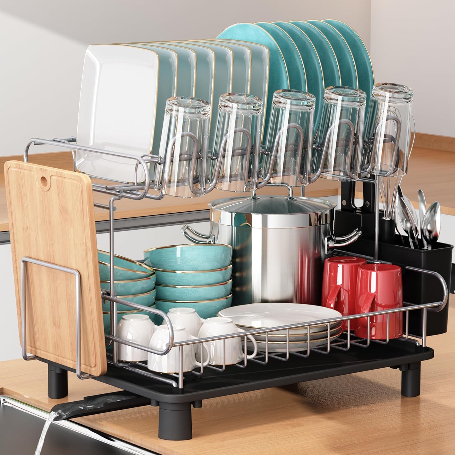 水切りラック キッチン 自動排水 組立簡単 2段式 グレー 長さ42*幅31*高さ32CM