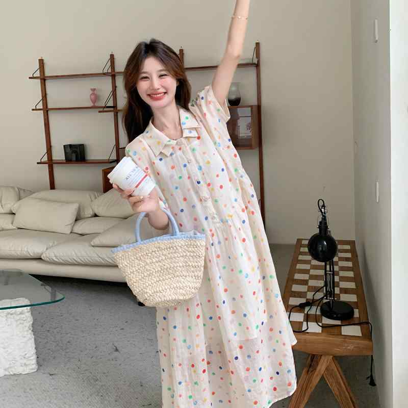 3日以内に出荷レディース ファッション カジュアル おしゃれ フェミニン カラフル 水玉 ドレス 夏 シャツ ロングスカート 涼感 上品 体型カバー 大人可愛い 軽やか 華やか 爽やか 夏映え デイリ
