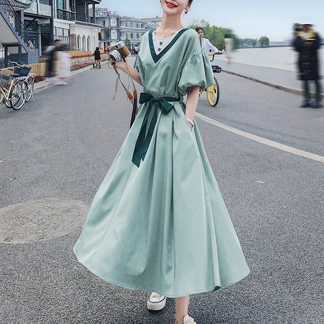 レディース ワンピース ウエストリボン フレア ロングワンピ 個性的 春服 夏服 ミモレ ロング 袖あり 半袖 フレア フリル インスタ映え モテ 流行 トレンド 細見え ウエストマーク 無 5,378円