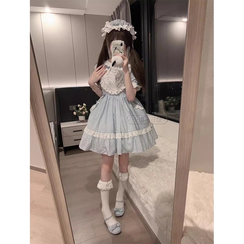 ハイサマースタイルのスイートリトルフライングスリーブチェック柄ソフトガールドレス