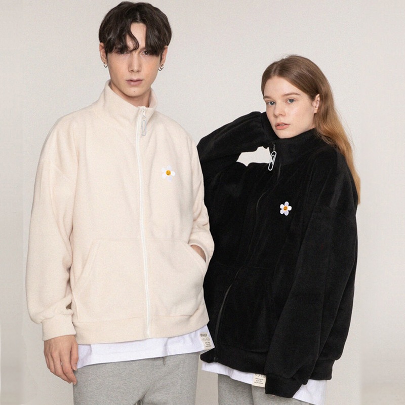 [UNISEX]Flower Dot Embroidery Fleece Zip-Up Jacket_2color