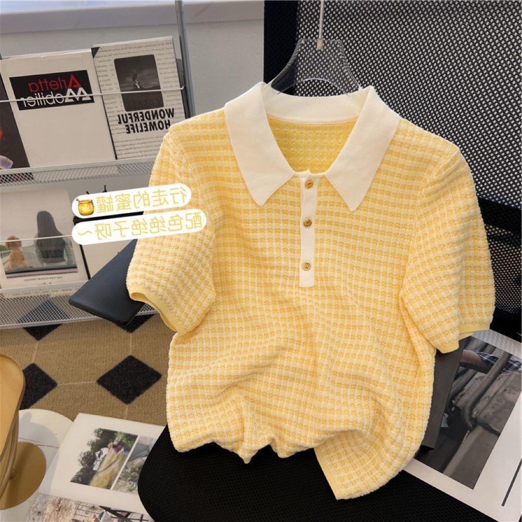 カジュアル夏フレッシュチェック柄半袖女性ネットセレブ韓国肩ポロシャツ韓国風トップス