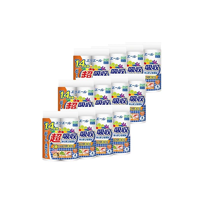 エリエール キッチンタオル 超吸収 1.4倍巻き 70カット48ロール(4ロール12パック) パルプ100%【ケース販売】