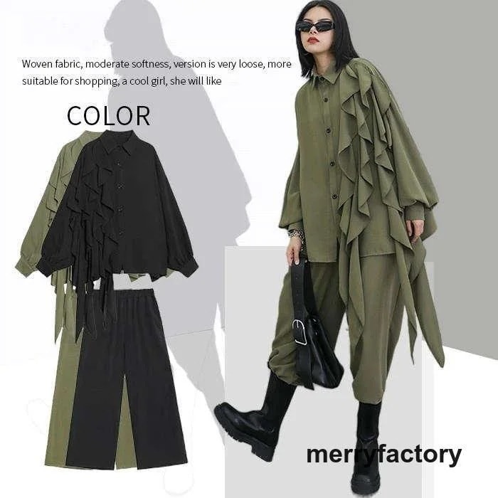 セットアップ レディース レディース きれいめ パンツセットアップ フリーサイズ 個性デザイン シャツブラウス ワイドパンツ 2点セット