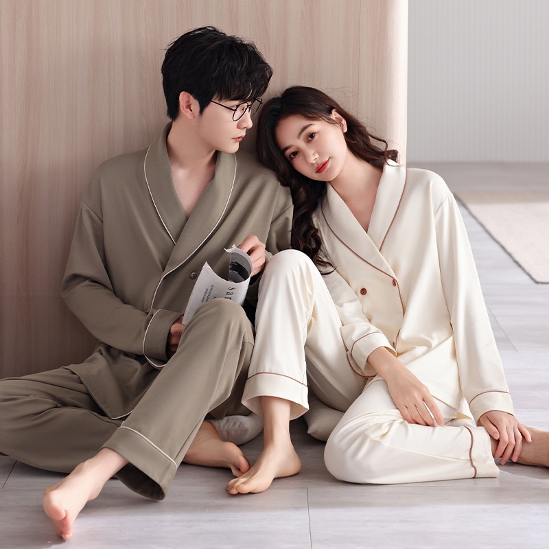 2024春/秋ストレッチコットンカップルパジャマ長袖パンツホームウェアカジュアル伸縮性アウトドアセット