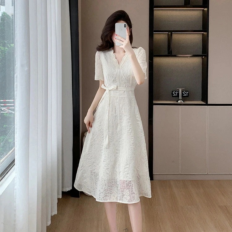 女の子レース ワン 刺繍 ウリボン スカラップネック パーティードレス Aライン ワン セクシー 半袖 ミディアム丈 膝丈 ひざ丈 きれいめ おしゃれ 上品 エレ 結婚式 春 夏 レ2025新品