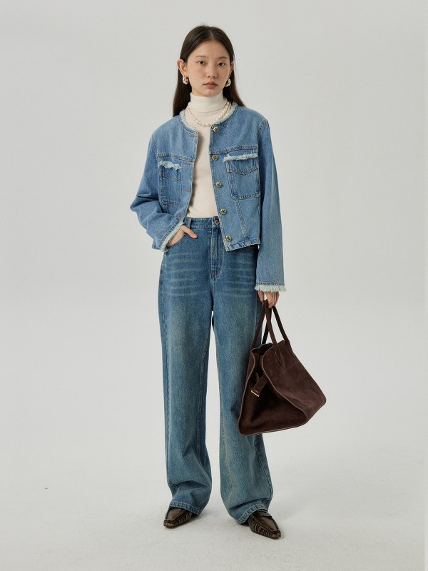 オモントエッグタルトホームレトロスモールフレグランススタイルデニムジャケットレディース秋新作ラウンドネックショートジャケットトップス