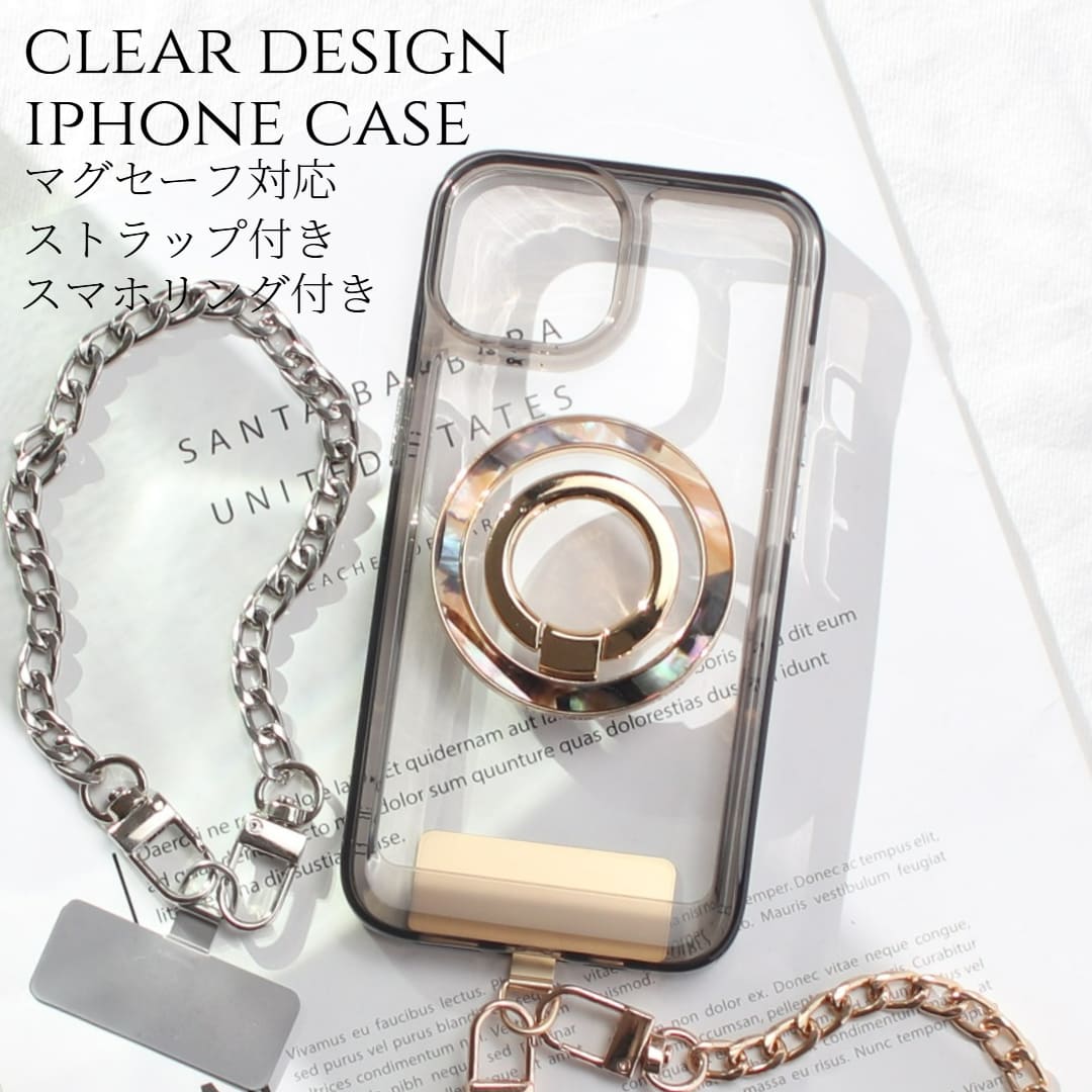iphone ケース クリア リング付き iphone16 iphone15 iphone14 13 12 mini チェーン ストラップ magsafe マグセーフ 14 マグネット 15 16