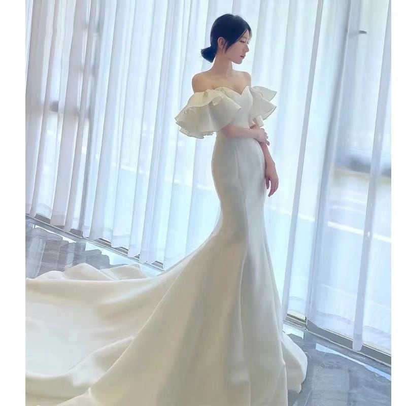 パーティードレス レス 初春入荷 エレガント 高級感 成人式 結婚式 誕生日 正式な場合 演奏会 花嫁 司会パーティー 韓国ファッション 一字肩側開深い Vネック ワンピースロングワンピース