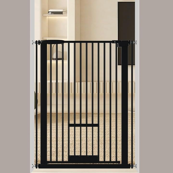 Seogva ペットゲート ベビーゲート 高さ103 間隔3.5 ペットゲート ドア付き 猫すり抜け防止 飛び越え防止ゲート 猫ドア付きゲート 過密フレーム付き（ブラック 76.5-86.5cm）