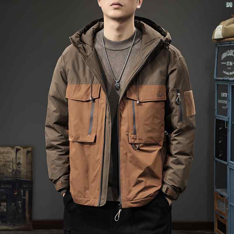 メンズ　男性 ファッション 韓国 オシャレ たり 大歳ストリート 冬 3 プルーフ 作業着 コットン 服 アメリカン カラー ブロック フード付き 厚手 暖かい ジャケット コート