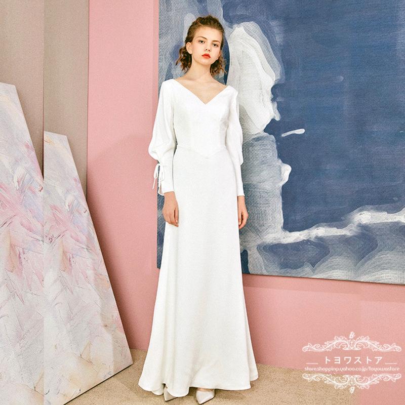 ウェディングドレス長袖ウエディングドレス白aラインドレス二次会花嫁披露宴ブライダルパーティードレスロングドレス結婚式海外挙式前撮り