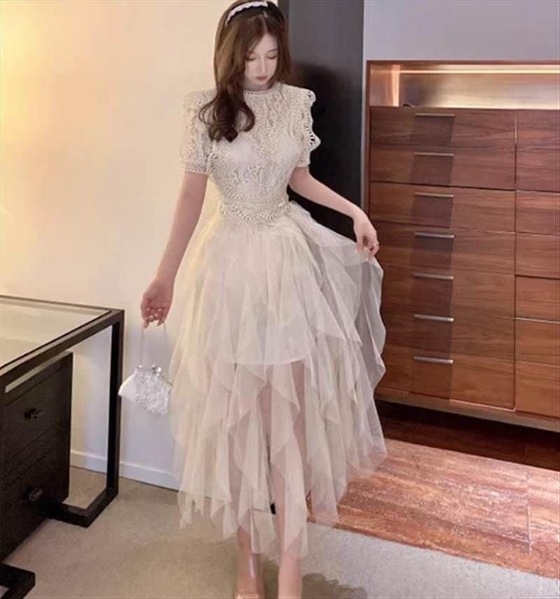 い こなれ感 きれいめ タイト プリンセスドレス 存在感 モテ イベント 夏 10代 脚長 学生 エレガント 透け感 お洒落 ワンピース 主役級 ミモレ丈 華やか インスタ映え ラウンドネック 20代