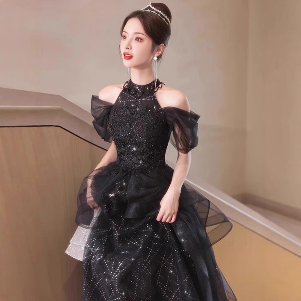 結婚式ワンピース 結婚式ワンピース お呼ばれ 結婚式ワンピース 着痩せ お呼ばれワンピース 結婚式 ワンピース イブニングドレス宴会気質ニッチハイエンドホストパフスカート黒ホルターネックディナー