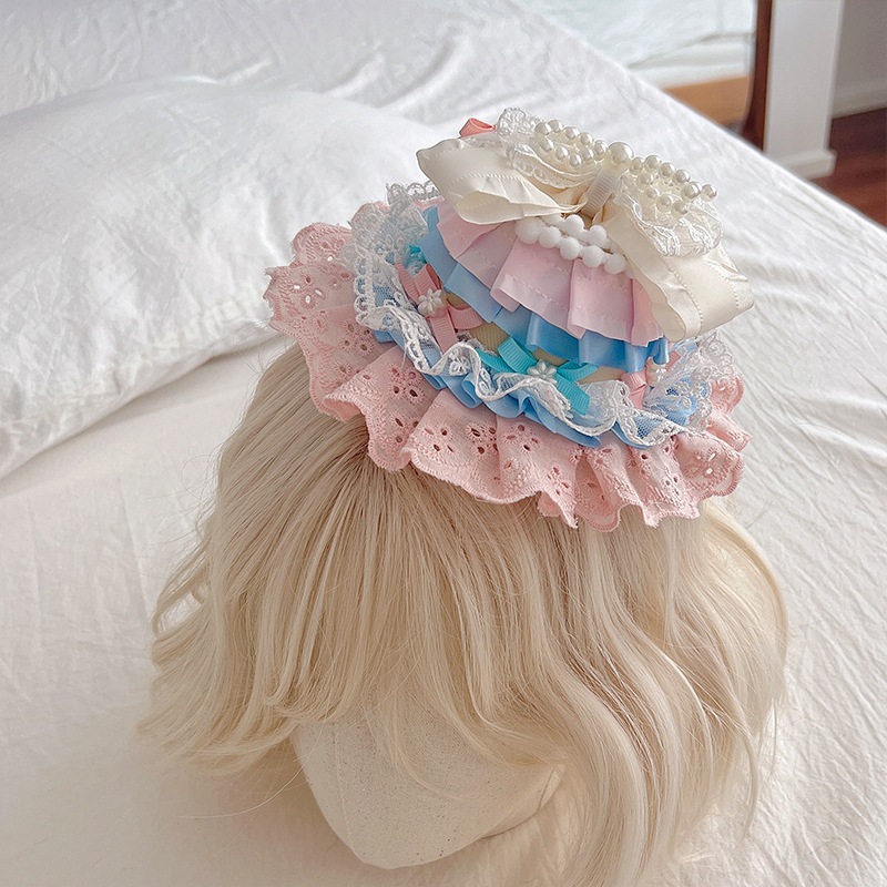 【1点ご購入 で10点プレゼントいたします】クリームケーキLolitaシルクハットパールレースリボン誕生日帽子