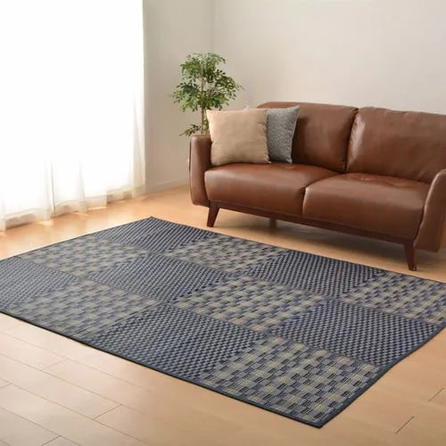 【メーカー直送品】萩原 はっ水 ふっくらウレタン入り い草ラグ キハチ 約240×240cm ブルー