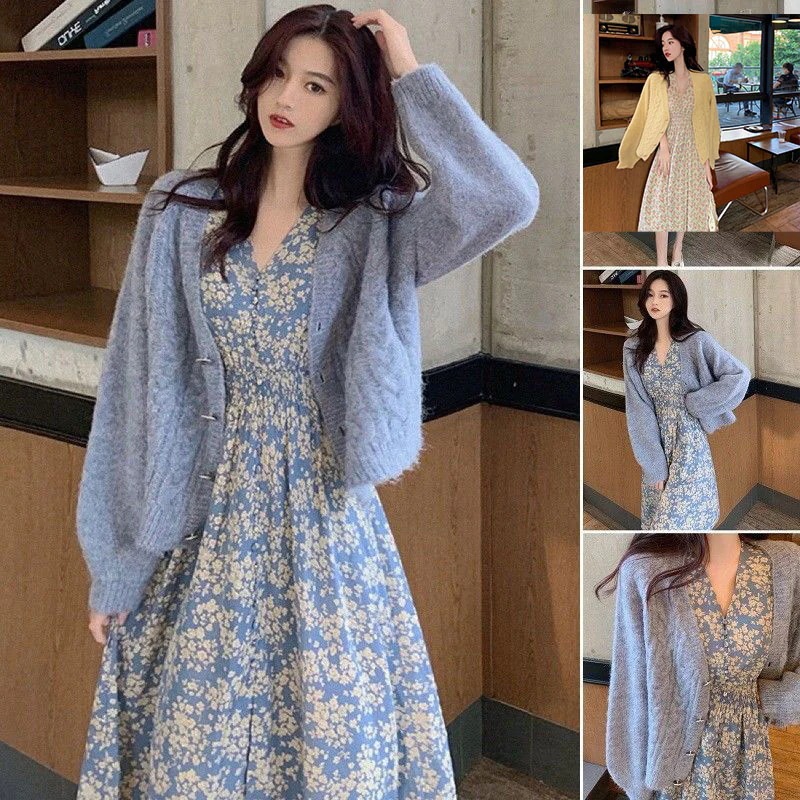 ワンピース レディース 2点セット 花柄 Aライン Vネック ひざ丈ワンピース アウター+ワンピース 長袖 体型カバー きれいめ 着痩せ 大きいサイズ S M L XL 春 秋 冬