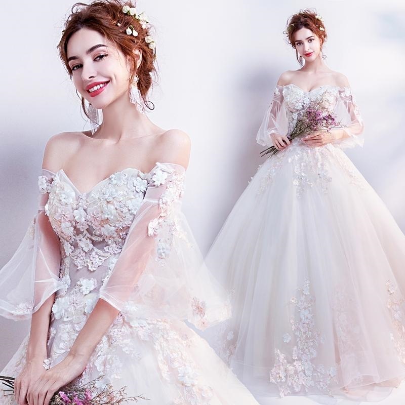 花嫁 ウェディングドレス ベージュ お姫様 結婚式 二次会 ウェディング プリンセスドレス オフショルダー 花柄 透け感レース ロングドレス 披露宴-140