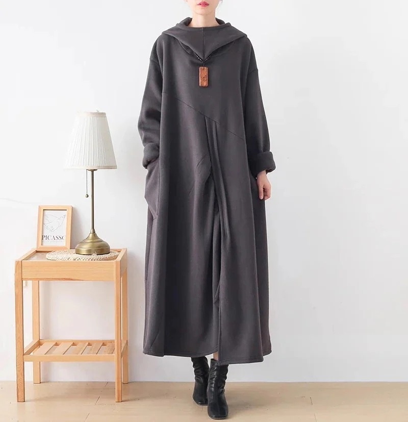 秋冬 体型カバー ゆったり 裏ボア 大きいサイズ ワンピ パーカーワンピース レディース 長袖 ミモレ丈 厚手 ワンピース 日系 ロング 裏起毛ワンピースワンピースドレス長袖ロングマキシ丈ワン