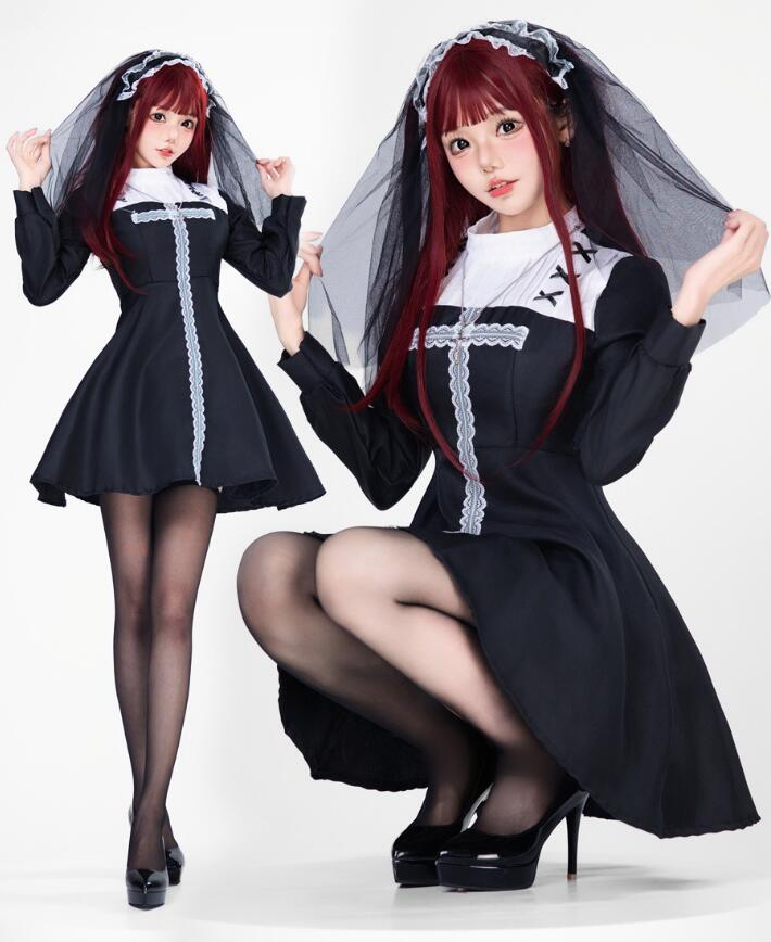 女性 ハロウィン コスプレ 衣装 ゴシック 暗黒風 ドレス 鬼花嫁 吸血鬼 修道女 巫女 コスプレ衣装 膝丈 ハロウィンドレス レディース コスチューム オペラ 演劇 舞台演出服 女性 コスプレ お化