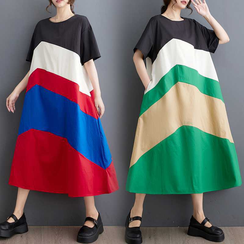 「ファットガール」 2024夏新品 カラフル ドッキング 半袖ワンピース 体型カバー 大きいサイズ ゆったり レディース30%までに制限