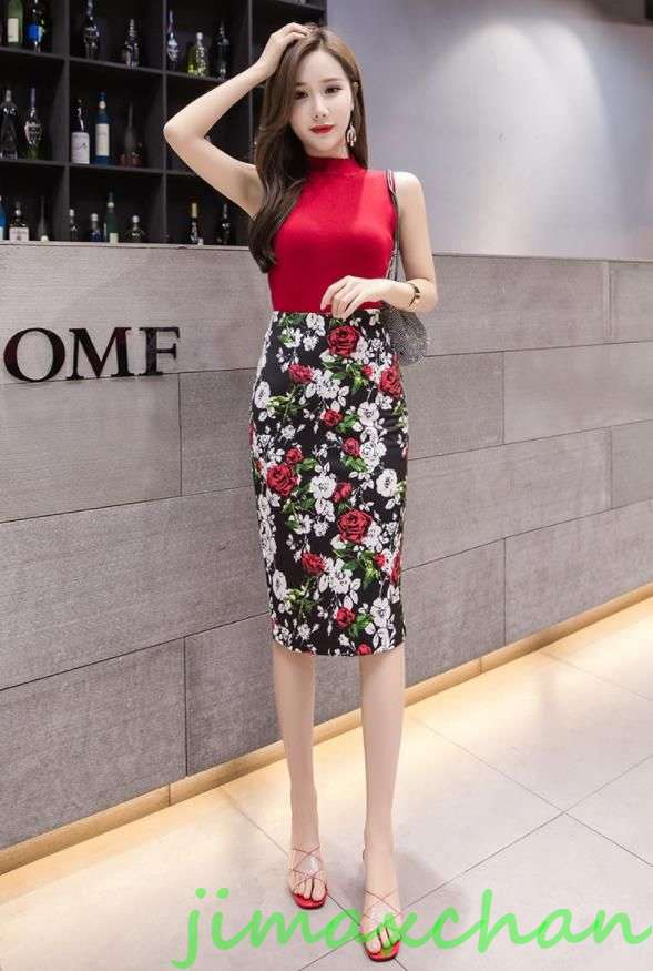 サマー　総丈63cmレディース　花柄　タイトスカート キシスカート　フレア　フォーマル　マーメイドラインスカート