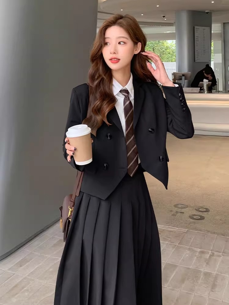 大学生風スーツスカート春秋風大学生jk制服高校生用学生服クラス制服ハイウエストプリーツロングスカート