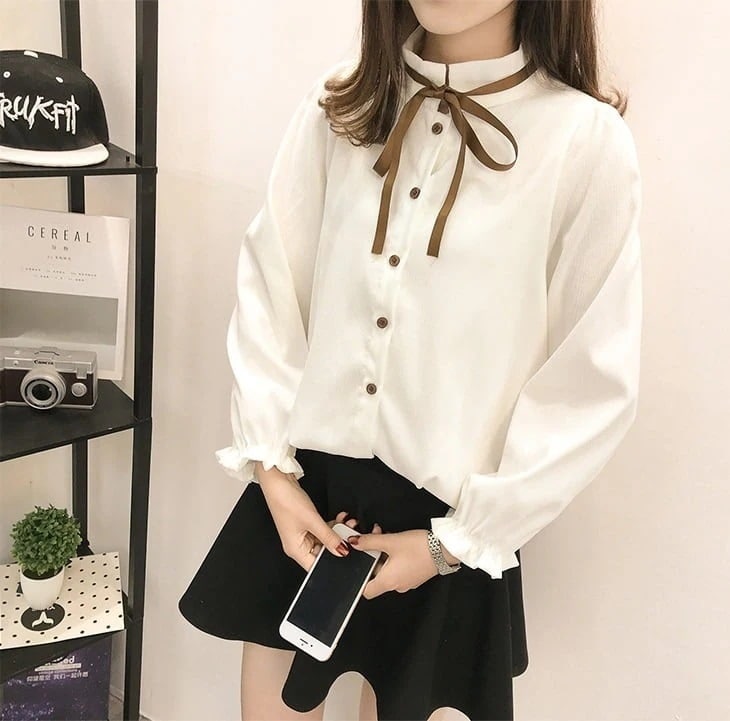 カレッジスタイルシャツ トップス 長袖 パフスリーブ l お洒落 無地 春 秋 冬 10代 20代 普段使い S M L XL ホワイト ピ