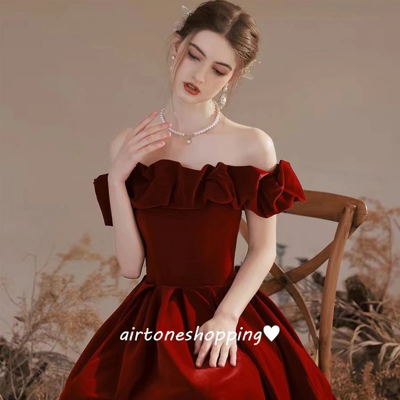 結婚式ドレス 二次会ドレス ゲストドレス オフショルダー ワイン赤 ベロア ベルベット ロングドレス 結婚式 二次会 可愛い パーティードレス イブニングドレス 発表会ドレス ワインレッド Aライン