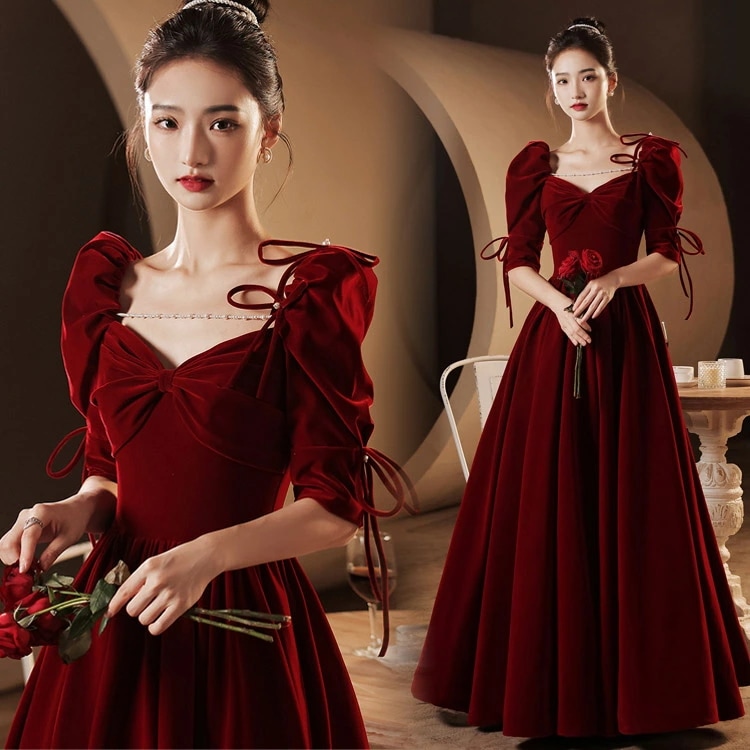 イブニングドレス ワイン赤 ベロア ベルベット ロングドレス 結婚式ドレス 二次会ドレス リボン ビーズ パール オシャレ 成人式ドレス 同窓会 パーティードレス ゲストドレス ワインレッド ロング