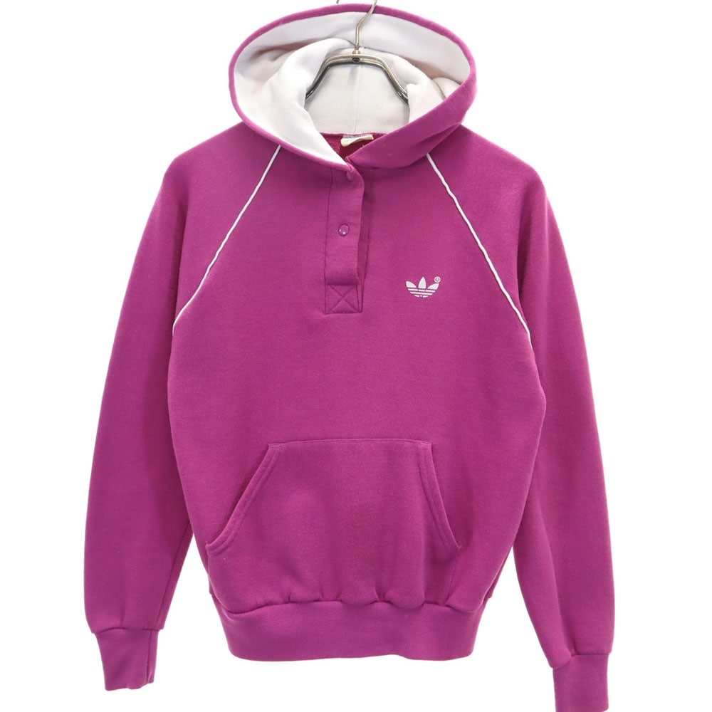 90s USA製 オールド トレフォイルロゴプリント 長袖 ハーフボタン スウェットパーカー M パープル系 プルオーバー レディース