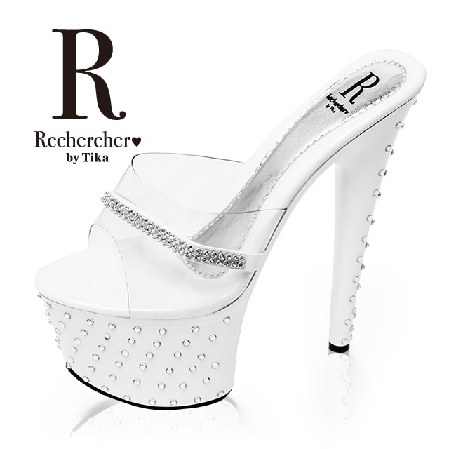 Rechercher ルシェルシェ ストーン付き厚底サンダル ホワイト 16.5cmヒール キャバ ヒール サンダル 16.5cm 高め キラキラ 可愛い 大きいサイズ レディース クリア 厚底 靴