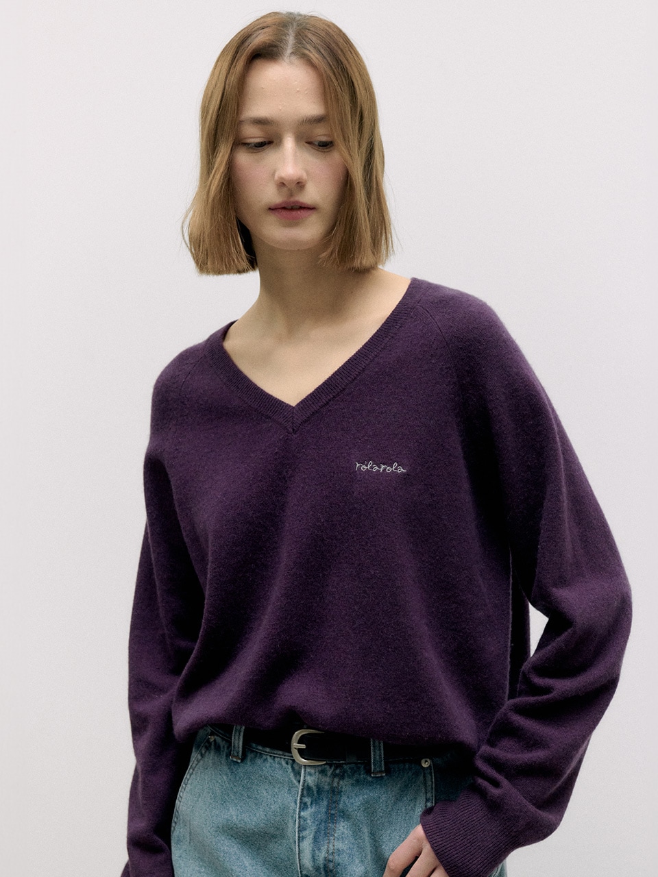 WOOL BLENDED V NECK KNIT PURPLE