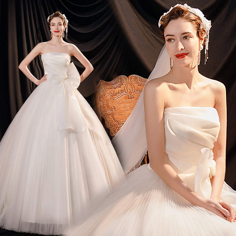 ウェディングドレス ウエディングドレス ベアトップ リボン 結婚式 二次会 披露宴 ブライダル 花嫁 前撮り プリンセスラインドレス ロングドレス オフホワイトビスチェ 白 プリンセスドレス 袖なし