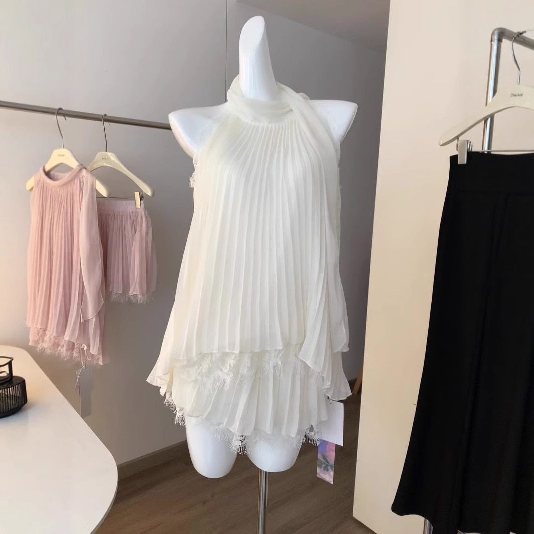 【急速出荷】白雲の甘い恋風情レース首掛けノースリーブトップスシフォンブラウス2点セット