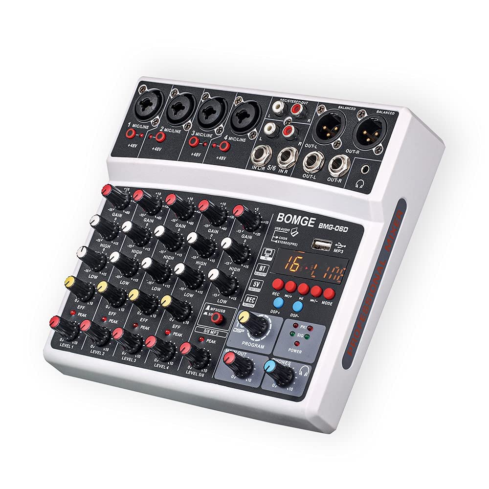 BOMGE 6チャンネルdjオーディオミキサーMP3 USB Bluetooth48Vファンタム電源5V電源16 DSPエコーエフェクトミキサー（ライブ音楽カラオケポッドキャスト用） (白い)