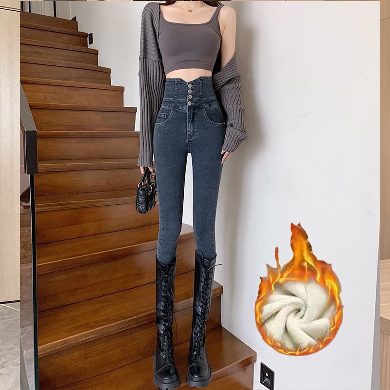 デニムボトムスハイウエスト 裏起毛 タイト デニムパンツ 韓国ファッション 美腿 脚長效果 スリミング 着痩せ ニットパンツ ウォーム シングルブレストスキニーデニムパンツ