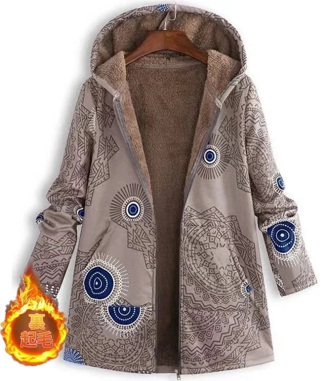ファーコート厚スロングコートフードスレディースチュニックミディアム丈裏起毛裏ボア長袖フード幾何柄柄冬体型カバー防寒秋