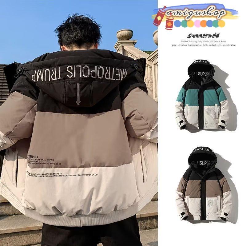 M-3XLサイズ アウター コート メンズ 中綿ジャケット 中綿コート ショート丈 フード付き アウター 厚手 配色 秋冬 冬服 冬物