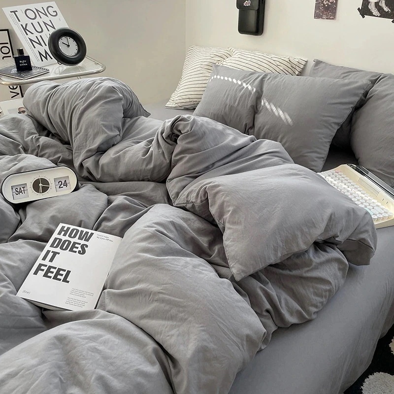 【急速出荷!】今の流行インスタイルスーパーソフト無地ウォッシュコットンベッド4点セットセット学生寮3点セットベッドシーツキルトカバー寝具