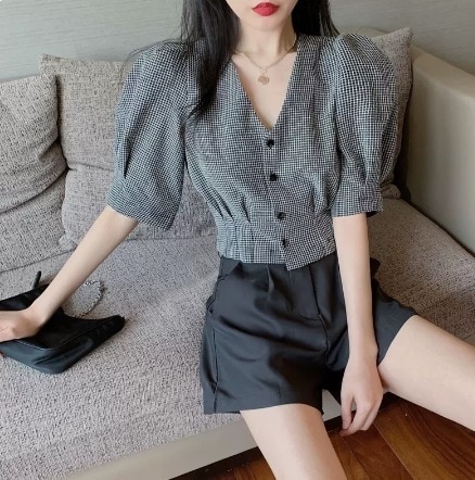 セットアップ トップス ボトムス ショートパンツ グレー 前開きボタン Vネック パフスリーブ ショート丈 襟付き パンツ 上下セット 半袖 アウタージャケット 開襟 チェック柄 無地 上下セット