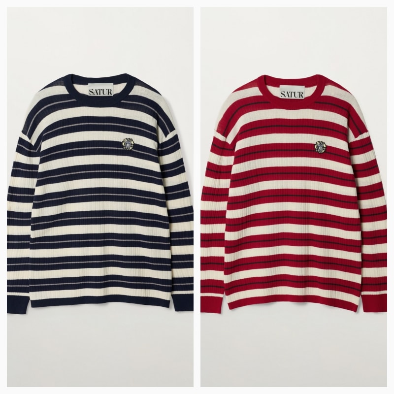 【SATUR】26SS CREST LOGO STRIPE KNIT : 2COLORS