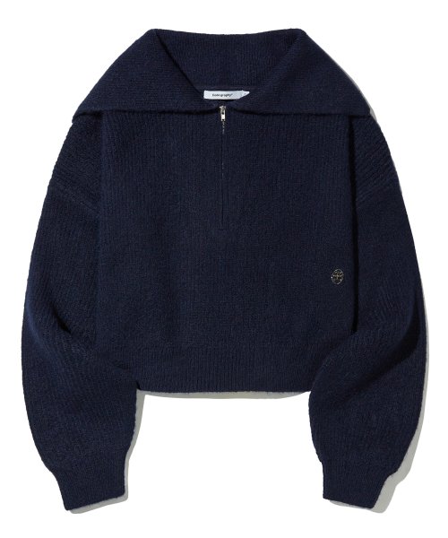 WAVE LOGO BIG COLLAR CROPPED HALF ZIP-UP KNITWEAR (BLACK)
