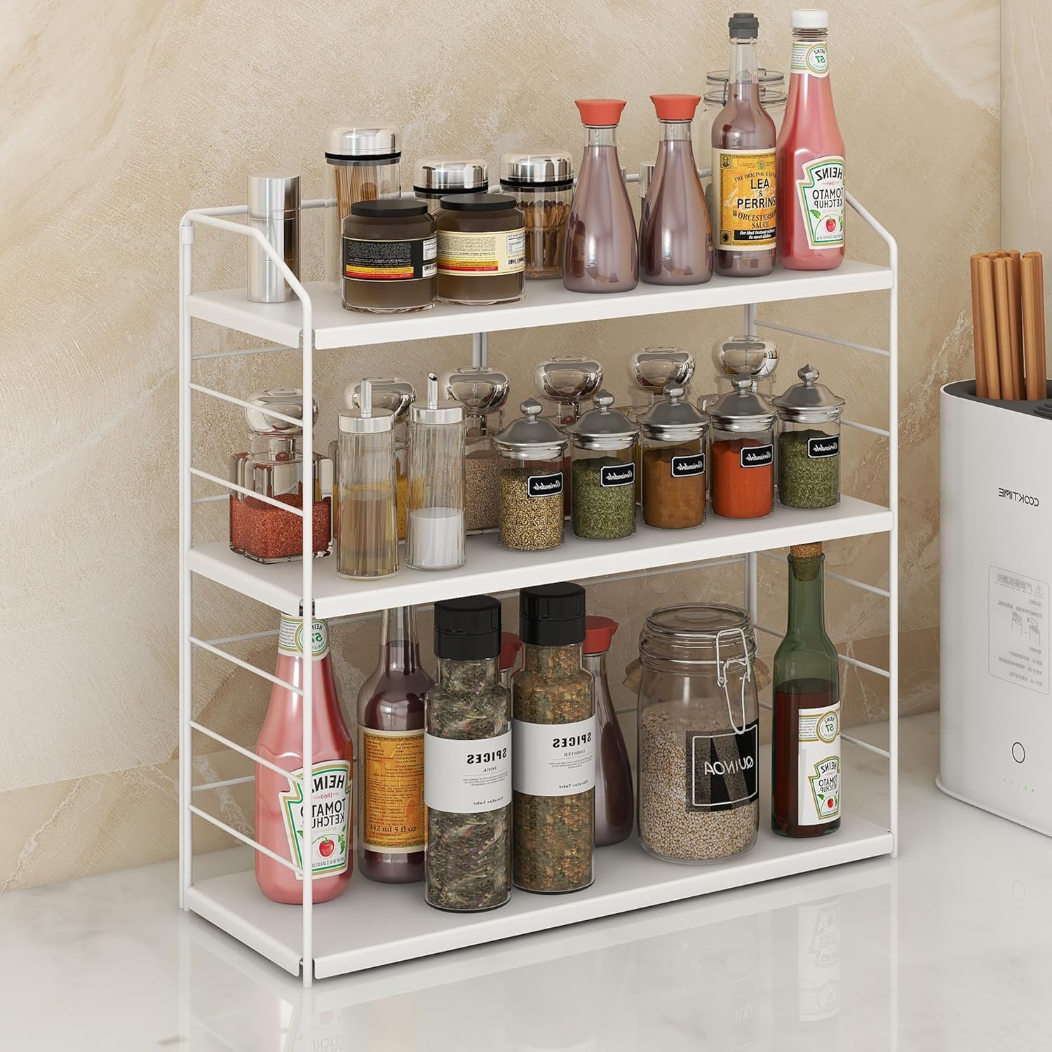 調味料ラック 3段式 三段調整可能 置き型 多機能型 組み立てが簡単 ホワイト 台所・バスルーム・小物収納